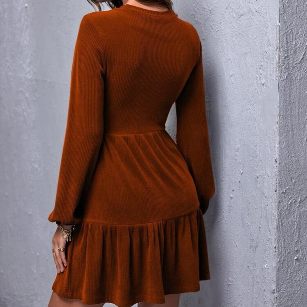 Boho rust brown ribbed knit ruffle hem dress - Picture 3 of 5